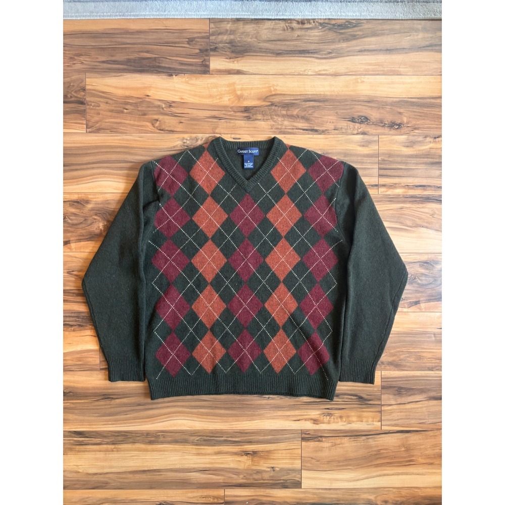 Garret Scott Mens Lambswool Argyle V-Neck Sweater Green Burgundy Orange Size M